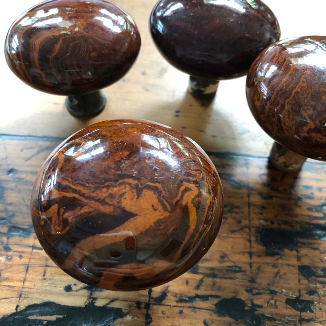 Brown Marble Swirl Tiger Eye Porcelain Door Knobs vintage salvaged