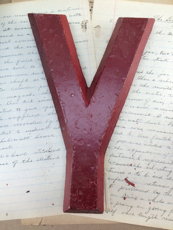 Industrial Dark Red Metal Marquee letter Y - Vintage Aluminum marquee letter  - Assemblage supply - Heavy Worn chippy distressed  9" tall