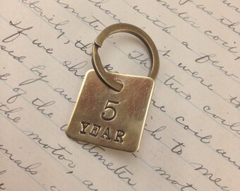 Custom Hand stamped Anniversary key chain - hand made anniversary charm - year key chain - service keychain - anniversary brass tag