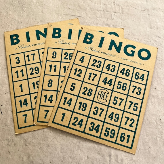 Vintage teal green cardboard Bingo Cards - set of 3 - bingo game pieces - wedding bingo - retro bingo