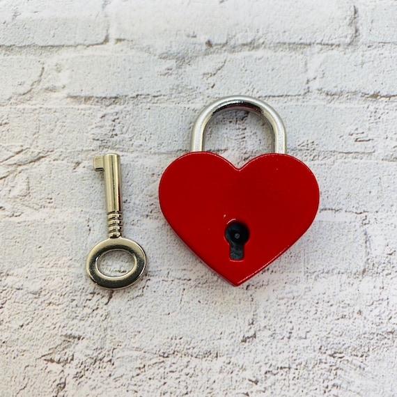 Vintage style red heart padlock - LOVE small jewelry box lock - luggage lock - small gold key lock - lock and key Valentine's