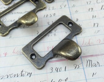 Vintage look brass label holders for drawers - heavy antique brass drawer pull tag holder - card catalog drawer pull - library cabinet