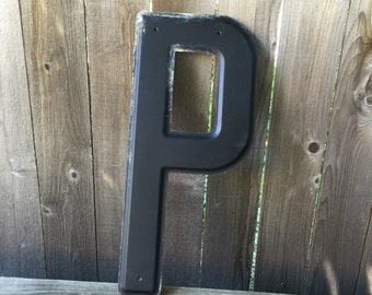 24" Vintage Industrial Metal Marquee Letter P - Black metal - NOS Steel Sign Letter - salvaged black metal letter -beveled metal letter