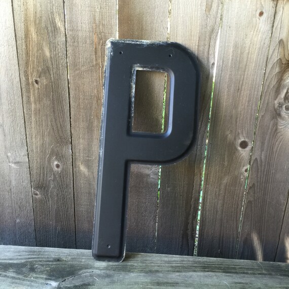 24" Vintage Industrial Metal Marquee Letter P - Black metal - NOS Steel Sign Letter - salvaged black metal letter -beveled metal letter