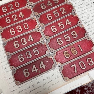 Vintage Fire box numbers Red tags metal tag - favorite numbers industrial number - steampunk metal tag - gold vintage locker tags -