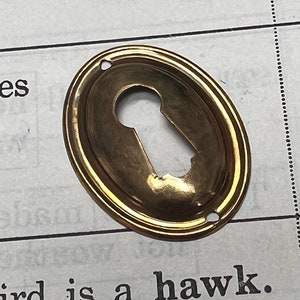 May include: An oval keyhole cover in gold, with a smooth, slightly textured surface. The cover has two small holes on the sides.