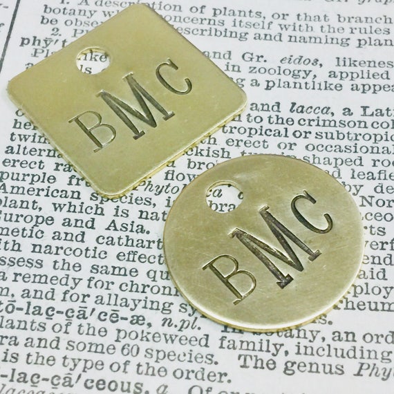 Monogram initials custom handmade gift, personalized hand stamped brass key tag, zipper charm, purse charm, key chain fob gift under 10