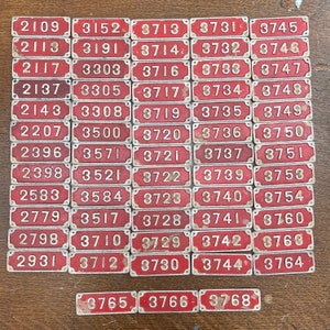 Vintage Fire box numbers Red tags metal tag - favorite numbers industrial number - steampunk metal tag - gold vintage locker tags -