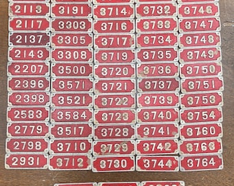 Vintage Fire box numbers Red tags metal tag - favorite numbers industrial number - steampunk metal tag - gold vintage locker tags -