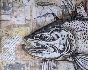 Obra de arte original de trucha de arroyo – Estudio n.° 5 – Dibujo a pluma y tinta de peces sobre panel de madera – Arte rústico de pesca para pared – Tinta de cabezas de peces