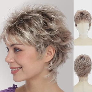 May include: A short, layered wig with a mix of blonde and light brown tones. The wig features a textured, tousled style with a side part and a short, choppy fringe. Additional views show the wig on a mannequin head.
