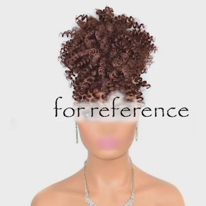 May include: A dark brown hairpiece styled in a high, voluminous bun with tight, defined ringlet curls. The hair is arranged in a dense, rounded shape atop the head. The text "for reference" is overlaid across the center of the image.