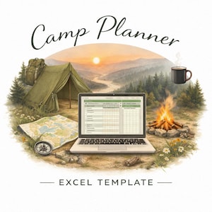 Könnte beinhalten: Illustration einer Camping-Szene mit Zelt, Karte, Kompass und Laptop mit einem Campingplaner. Ein Lagerfeuer und eine Tasse sind ebenfalls abgebildet. Der Text "Camp Planner" und "Excel Template" ist im Bild enthalten.