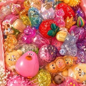 Puede incluir: Una colección de coloridos y brillantes dijes de resina en una caja rosa. Los dijes incluyen varias formas como osos, fresas y un unicornio. La paleta de colores es vibrante, con rosas, amarillos, azules y naranjas. Algunos dijes tienen la palabra "Happy".