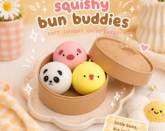 Kawaii Squishy Bun Basket | Stress Relief Fidget Toy Set