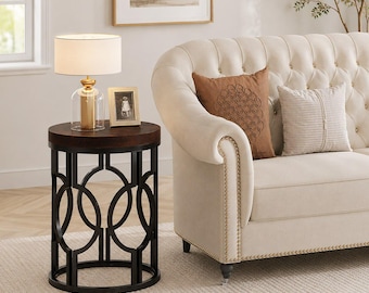 Rustic Wood and Black Metal Geometric Round Side Table for Living Room or Bedroom Use