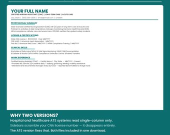 CNA Resume Template Word | ATS Optimized | Certified Nursing Assistant LTC Acute Care | Download