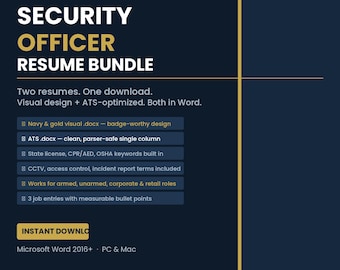 Security Guard Resume Template Word | ATS | CCTV Access Control Loss Prevention | Instant Download