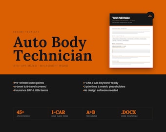 Auto Body Technician Resume Template Word | Collision Repair ATS Resume | I-CAR ASE | Instant Download