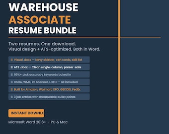 Warehouse Resume Template Word | ATS Optimized | Order Picker Fulfillment Logistics | Instant Download