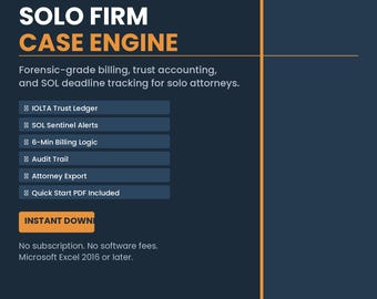 Solo Attorney Case Management Excel | Client Tracker Deadlines Billing | Law Practice Tool