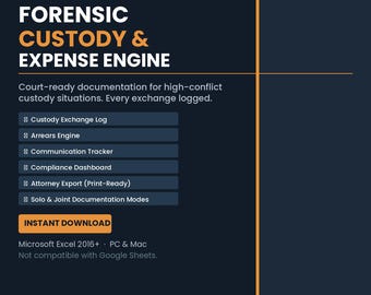 Custody Documentation Tracker Excel | Co-Parent Exchange Log Court Evidence Arrears | Download