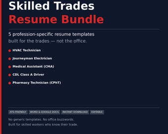 Trades Resume Bundle | 5 ATS Templates | HVAC Electrician CDL Pharmacy Medical | Word Editable