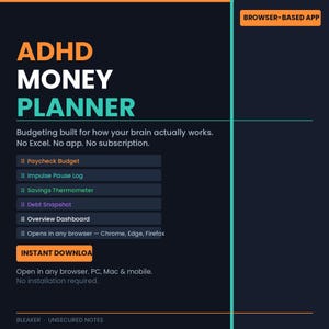Può includere: Grafica digitale di un ADHD Money Planner su sfondo blu scuro. Il titolo è in grandi lettere arancioni e verde acqua. Le caratteristiche includono Paycheck Budget, Impulse Pause Log e Savings Thermometer. Il testo indica che si apre in qualsiasi browser ed è un download immediato.
