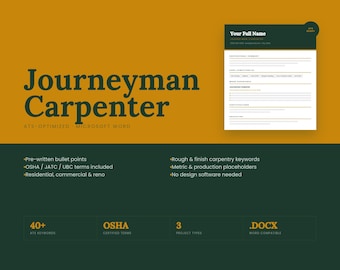 Carpenter Resume Template Word | ATS Journeyman Carpenter | Rough Finish Framing | Instant Download