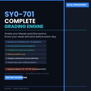 May include: A dark blue graphic with the text "SY0-701 COMPLETE GRADING ENGINE." The image lists features like grading all 270 Messer SY0-701 questions, domain performance breakdown, and a confidence tracker. The text "INSTANT DOWNLOAD" is also visible.