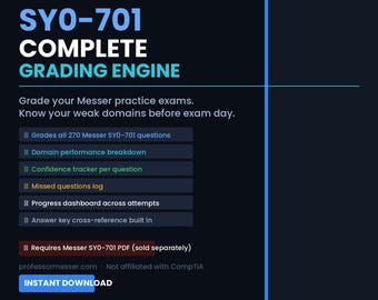 CompTIA Security+ SY0-701 Study Tracker Excel | Practice Exam Grader Domain Score | Cert Prep