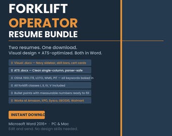 Forklift Operator Resume Template Word | ATS | OSHA Certified Warehouse Logistics | Instant Download