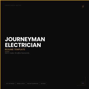 Könnte beinhalten: Schwarze Lebenslaufvorlage mit den Worten "JOURNEYMAN ELECTRICIAN" in großem weißen Text. Darunter steht in kleinerem weißen Text "RESUME TEMPLATE". Der Text "IBEW-ready. No office buzzwords." ist ebenfalls enthalten. Das Dokument hat einen gelben Rand.