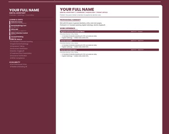 Dental Assistant Resume Template Word | ATS | RDA Chairside Dentrix Eaglesoft | Instant Download