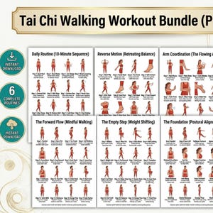 May include: A Tai Chi Walking Workout Bundle (PDF) graphic with six complete routines. The image includes step-by-step guides for daily routines, reverse motion, arm coordination, forward flow, empty step, and postural alignment. The text includes "Instant Download" and "Printer Friendly".