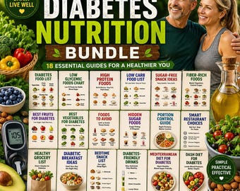 Paquete de lista de alimentos para diabéticos / Plan de comidas para diabéticos de 18 páginas, tabla de alimentos bajos en carbohidratos imprimible