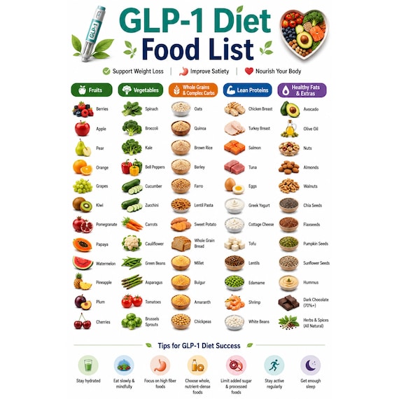 GLP-1 Diet Food List | High Protein Meal Chart, Healthy Weight Loss Food Printable Poster