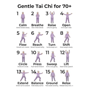 May include: A diagram titled "Gentle Tai Chi for 70+" with 16 numbered illustrations of Tai Chi poses. Each pose is accompanied by a descriptive word and brief instructions. The figures are dressed in purple, set against a white background.