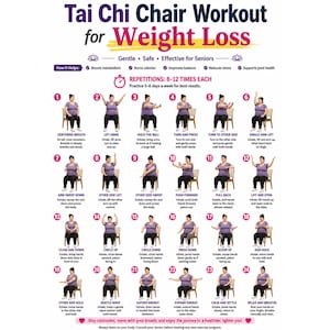 Ejercicios de Tai Chi en silla para bajar de peso / Plan de ejercicios en silla de 30 días, guía imprimible para el bienestar de las personas mayores