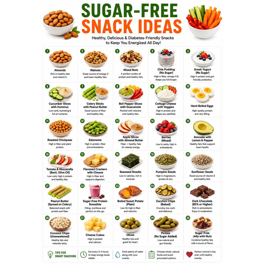 Sugar Free Snack Ideas Printable, Low Sugar Snack List, Healthy ...