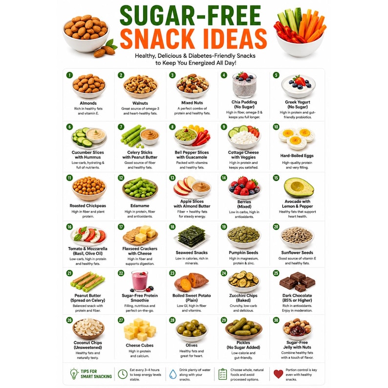Sugar Free Snack Ideas Printable, Low Sugar Snack List, Healthy ...