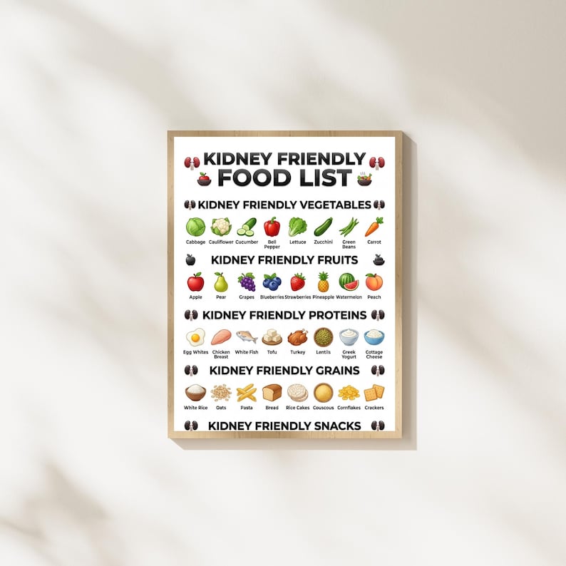 Kidney food list printable featuring low sodium meal ideas, grocery planning support, and modern wellness wall art design