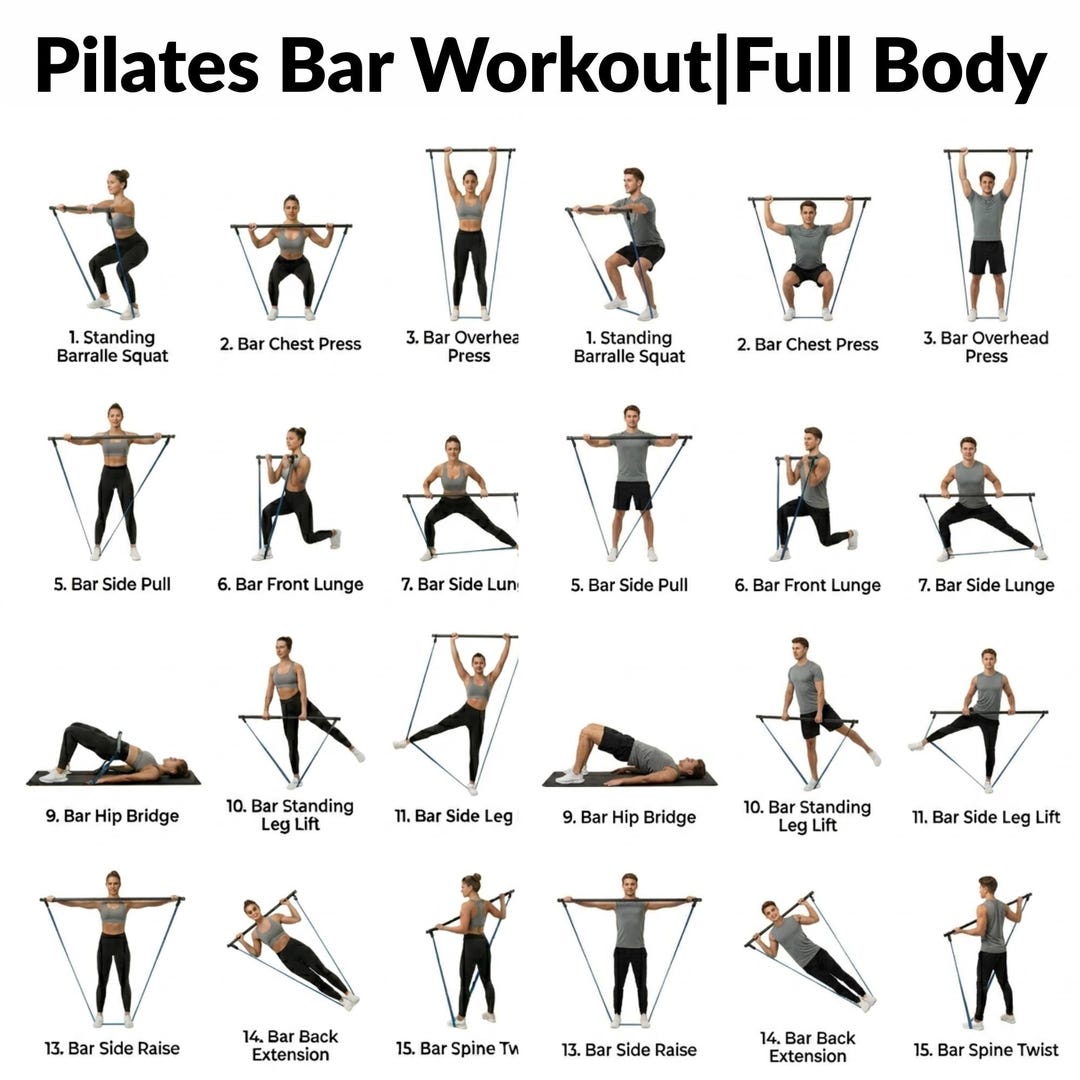 Pilates Bar Workout Chart Printable, 30 Day Challenge, Full Body Home Workout Poster, Pilates ...