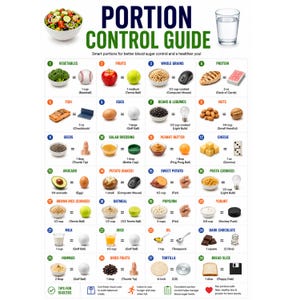 May include: A portion control guide chart featuring twenty-eight numbered food categories with visual comparisons. Each item shows a food portion equated to a common household object like a baseball, computer mouse, or deck of cards for measurement.