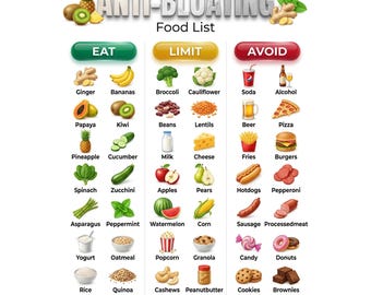 Lista de Alimentos Anti-Inchaço | Tabela de Alimentos para a Saúde Intestinal, Guia de Refeições para Auxílio Digestivo, Pôster de Bem-Estar para Imprimir
