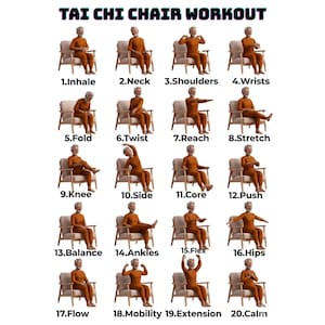 May include: A guide to a Tai Chi chair workout. The image shows a series of 20 poses, each with a number and a descriptive word, such as "Inhale," "Neck," and "Shoulders." The illustrations feature a person in an orange outfit demonstrating each exercise while seated.