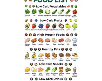 Lista de alimentos bajos en carbohidratos / Tabla de compras cetogénicas, Guía de plan de comidas bajas en carbohidratos, Póster imprimible de alimentación saludable