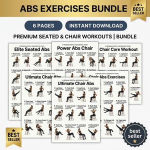 Puede incluir: Un paquete de seis gráficos de ejercicios imprimibles para entrenamientos de abdominales sentado y en silla. Los gráficos incluyen ilustraciones de varios ejercicios, como elevaciones de piernas, giros y abdominales, con el texto "ABS EXERCISES BUNDLE" en la parte superior.