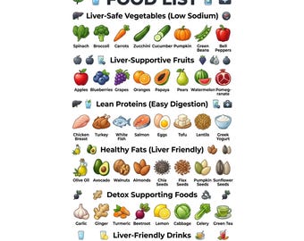 Lista de alimentos para la cirrosis / Tabla de alimentos beneficiosos para el hígado, Guía de dieta hepática baja en sodio, Póster imprimible sobre bienestar