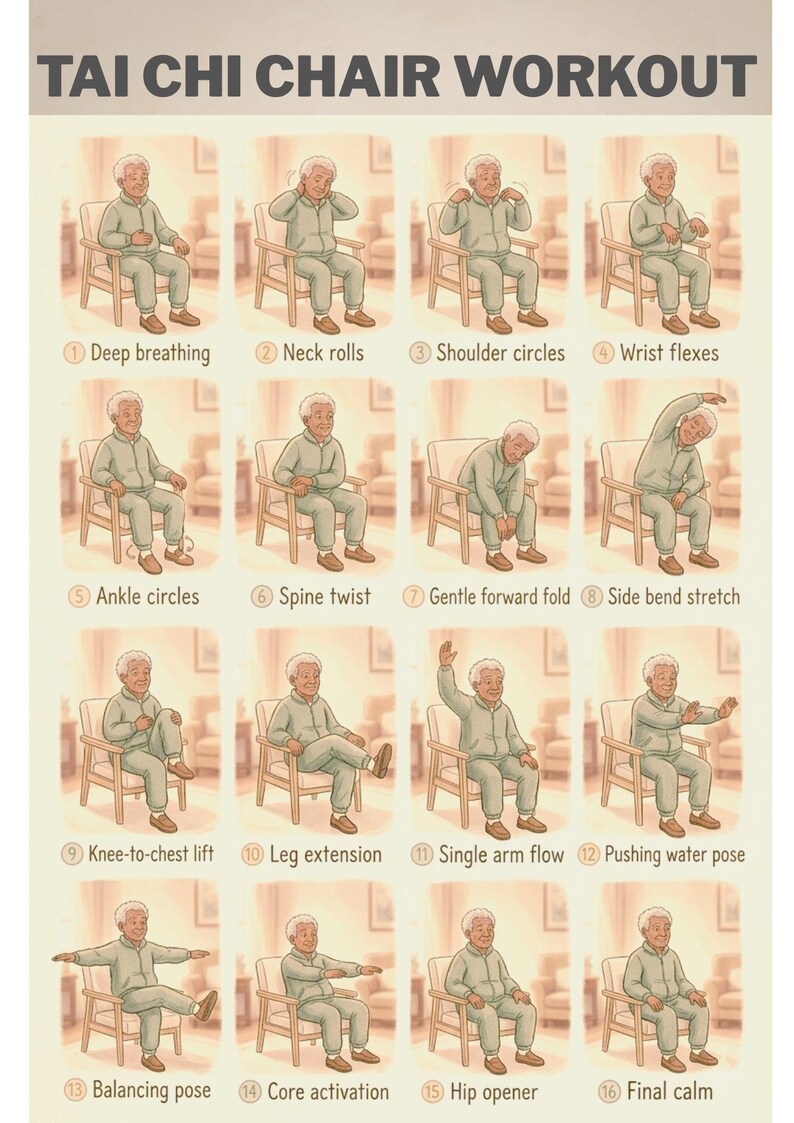 Seated Tai Chi routine for seniors to improve posture and reduce stress.